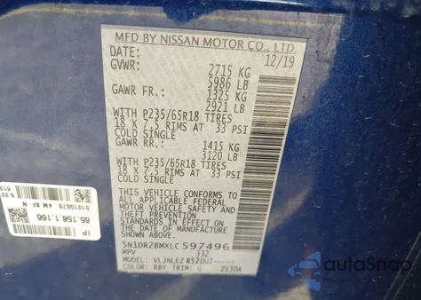 2020 Nissan Pathfinder Sv 4Wd из США, поврежденный, VIN 5N1DR2BMXLC597496